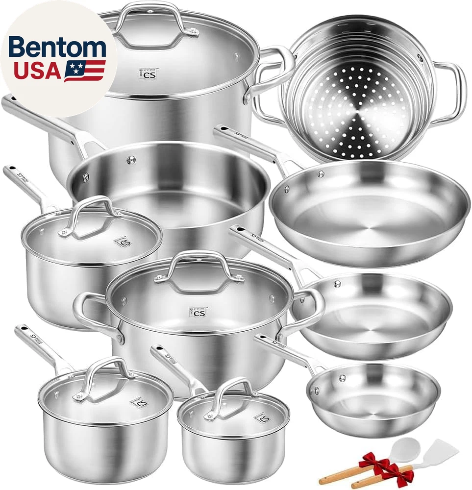 Stainless Steel Cookware Set 17 Piece, Professional 18/10 Stianless Steel Pots a
Opens in a new wind