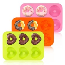 3 Pack Silicone Donut Pan Molds for Baking, 6 Cavity Pink, Orange, Green 
