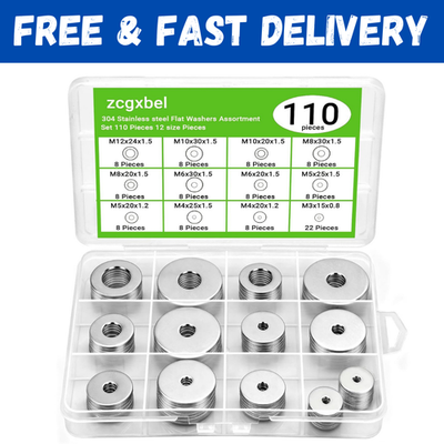 #ad #ad 108Pcs 304 Stainless Steel Flat Washers Fender Washers Assortment Kit 12 Sizes $9.99