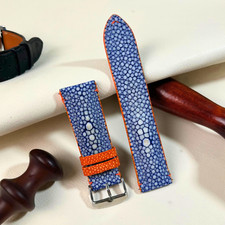 Pearl Stingray Watch Strap 16mm-24mm, Men Leather Watch Band, Blue Orange