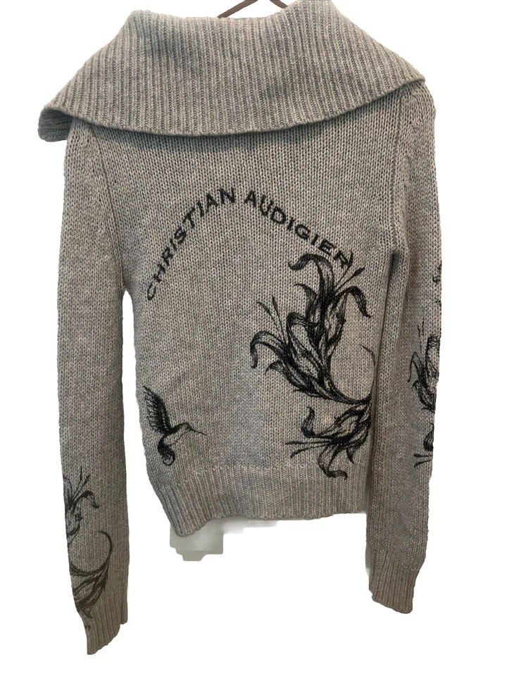 Christian Audigier Gris Lana Suéter Cremallera Chaqueta Mujer’s Cuello Tortuga M Foto 2 de 4
