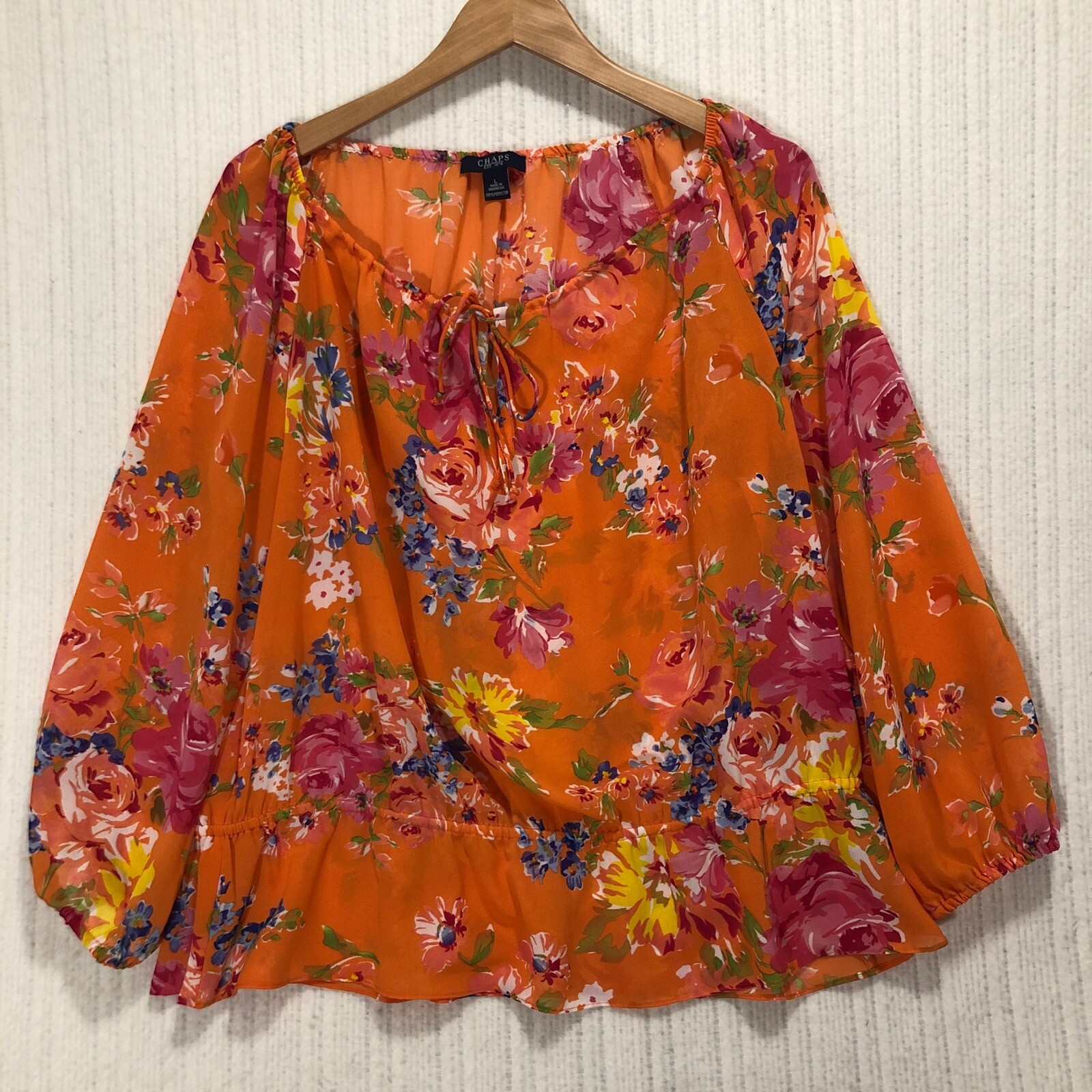 Chaps Floral Blouse Sheer Peasant Top Long Sleeve Orange Multicolor L