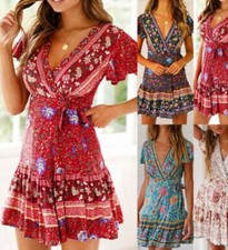⭐⭐⭐⭐⭐ Women Floral V Neck Mini Dress Summer Beach Casual Ruffle Swing Sundress