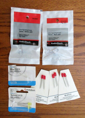 Radio Shack LED's Lot 12 new --Ultra  Red White--5mm Yellow Blue--5mm Red Flash