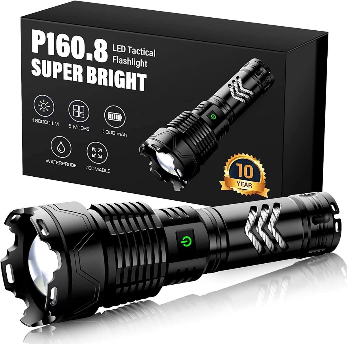 Baibian Rechargeable High Lumens Flashlight | Super Bright Tactical Light, 5 Modes, LCD Display, Zoomable, Waterproof - View #13