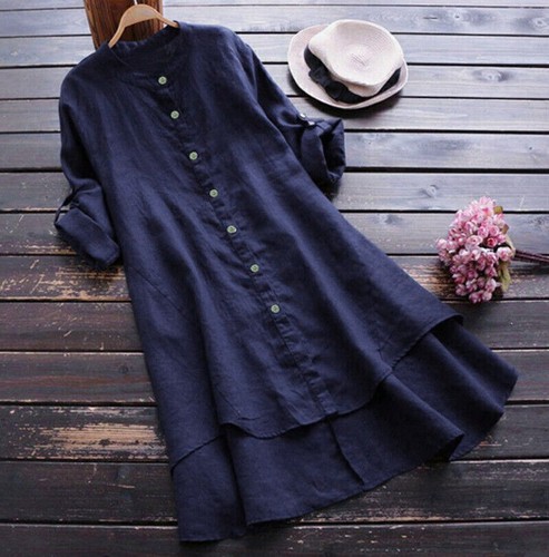 Baggy-T-Shirt-Kleid Damen Baumwolle Leinen lässig Tunika Tops lockere Bluse T-Shirt - Bild 11 von 15
