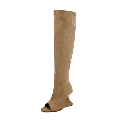 Women's Faux Suede Peep Toe Wedge Stretched Chic Slouchy Boots Sandal Shoes - Imagen 14 de 17