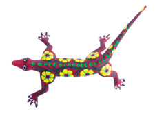 Arte popular mexicano tallado a mano, flor roja y amarilla reptil Alebrije, arte oaxaqueño