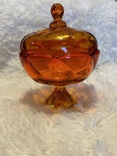 Viking Glass covered candy dish with lid Persimmon Epic Twist Line 1500 8"tall