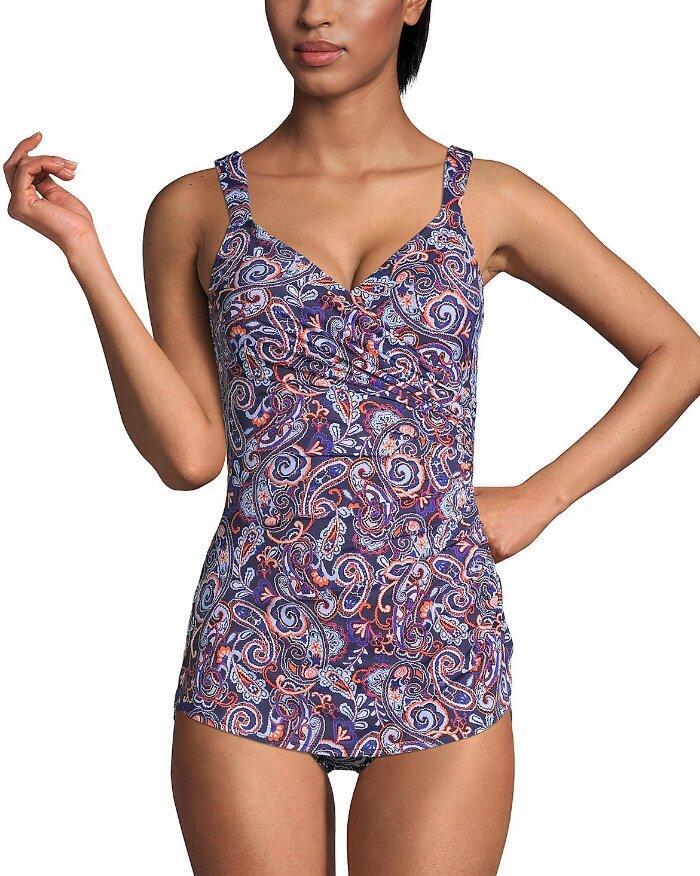 Lands End Tummy Control V-Neck Skirted Swimsuit Size 12 Long Slender NWT $155