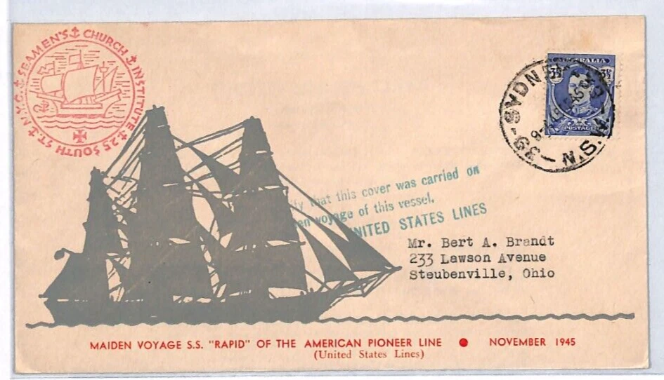 AUSTRALIA Cover RAPID AMERICAN Ship SAIL Silhouette 1945 PIONEER LINE USA YR296 - Image 4 of 4