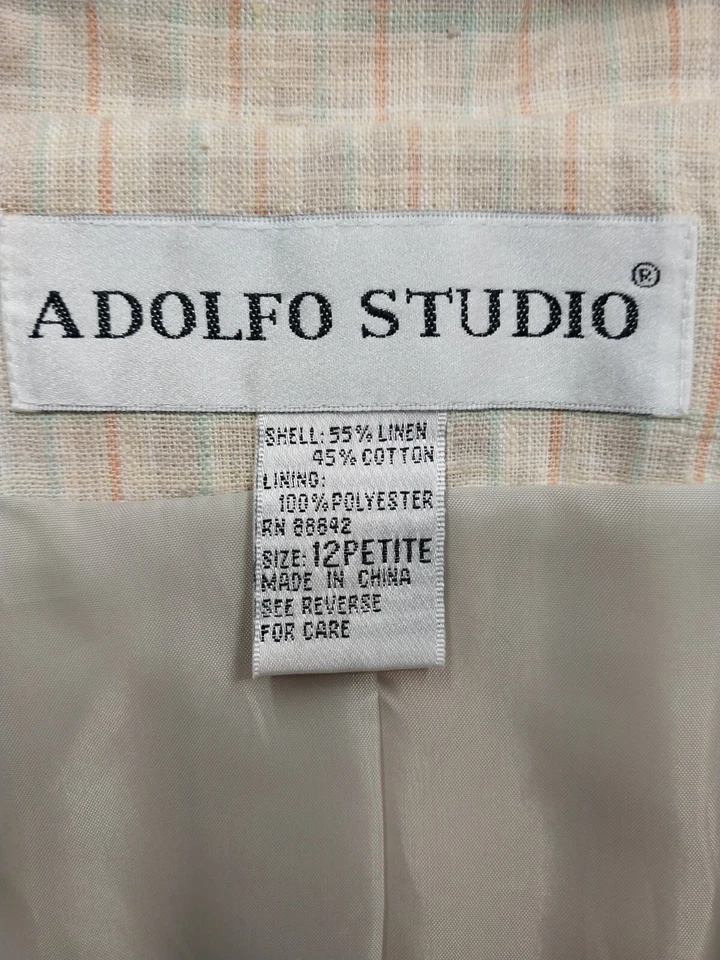 Chaqueta Blazer Adolfo International de Lino para Mujer 12 Petite Tostado Forrada a Cuadros Foto 4 de 4