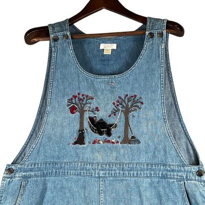 Christopher & Banks XL VTG Denim Jumper Overall Dress Embroidered Bears Teacher