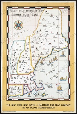 New England Summer Play Land Map 1930 John Held Jr Railroad Poster Art Print