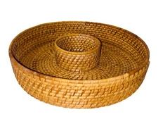 Chip And Dip Snack Server Duel Compartment,Handwoven Rattan Rustic, Party Tray