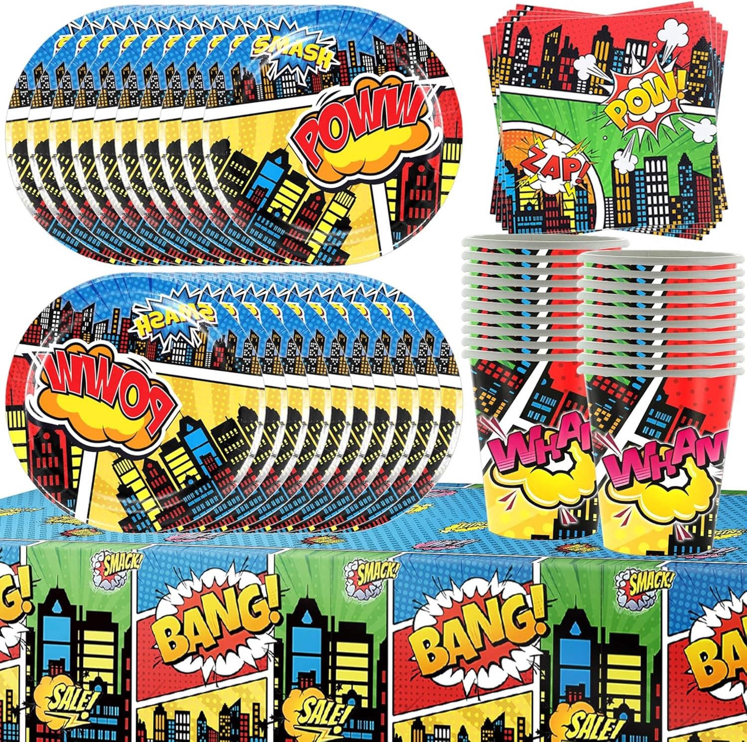61 Pcs Superhero Party Tableware Set with Tablecloth, Banner, Napkins, Cups,