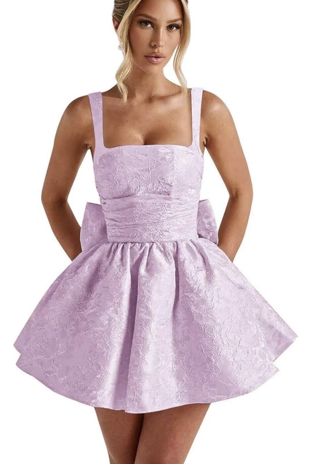 Light Purple Floral Jacquard Mini Dress Bow Lace-Up Back Homecoming Size 4 Women