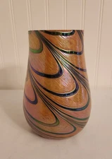 Art Glass Vase Gold Iridescent With Blue / Green Swirled Pulled Feather Design 