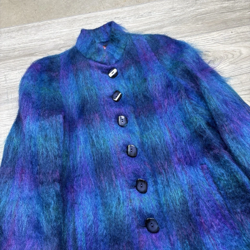 Vintage 1970/80s Blue Purple Mohair Button Up Trench Coat Long Alorna Petite - Image 2 of 4
