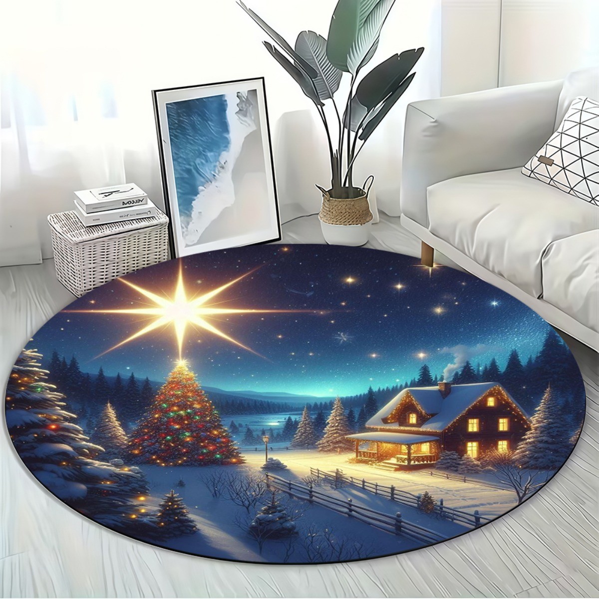 Round Christmas Winter Village Floor Mat - Snowy Houses, Twinkling Star Lights &