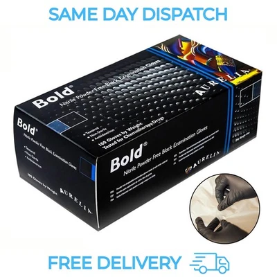 Aurelia Bold Black Nitrile Gloves Box 100 Powder & Latex Free S M L XL UK Gloves