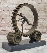 Vintage Style Male Athlete Pushing Wheel Bronze Sculpture Mid Century Figurine