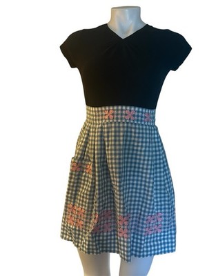 Vintage Blue Gingham Apron Cross Stitch Accent Pink Ribbon Trim Easter Handcraft