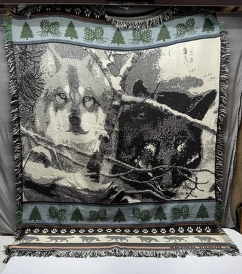 National Wildlife Wolves Tapestry Throw Blanket 45x66 Fringe Forest Rustic
