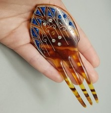 Vintage Art Deco Faux Tortoise Shell Blue Rhinestone Hair Comb 4 Inch