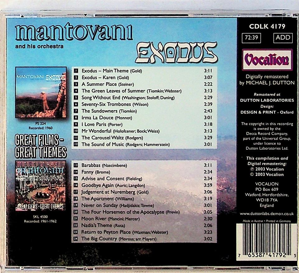 MANTOVANI- Exodus / Great Films & Themes - Soundtrack Albums CD 2on1 Easy 60s - Image 3 of 3