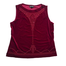 I.N. Studio Tank Women's Ruby Red Velvet Beaded Holiday Party Top USA Made - XL