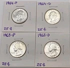 Lot of 4 Washington Silver Quarters: 1963-P, 1963-D, 1964-P, 1964-D - 90% Silver