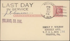 U.S., 1955. So. Dakota Postal History Last  Day Card, Hilland