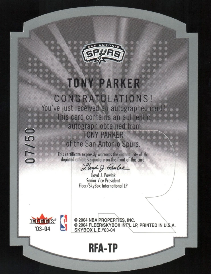 2003-04 Skybox L.E. TONY PARKER Rare Form Auto SILVER ! #07/50 ! DIE-CUT RARE ! - Image 2 of 2