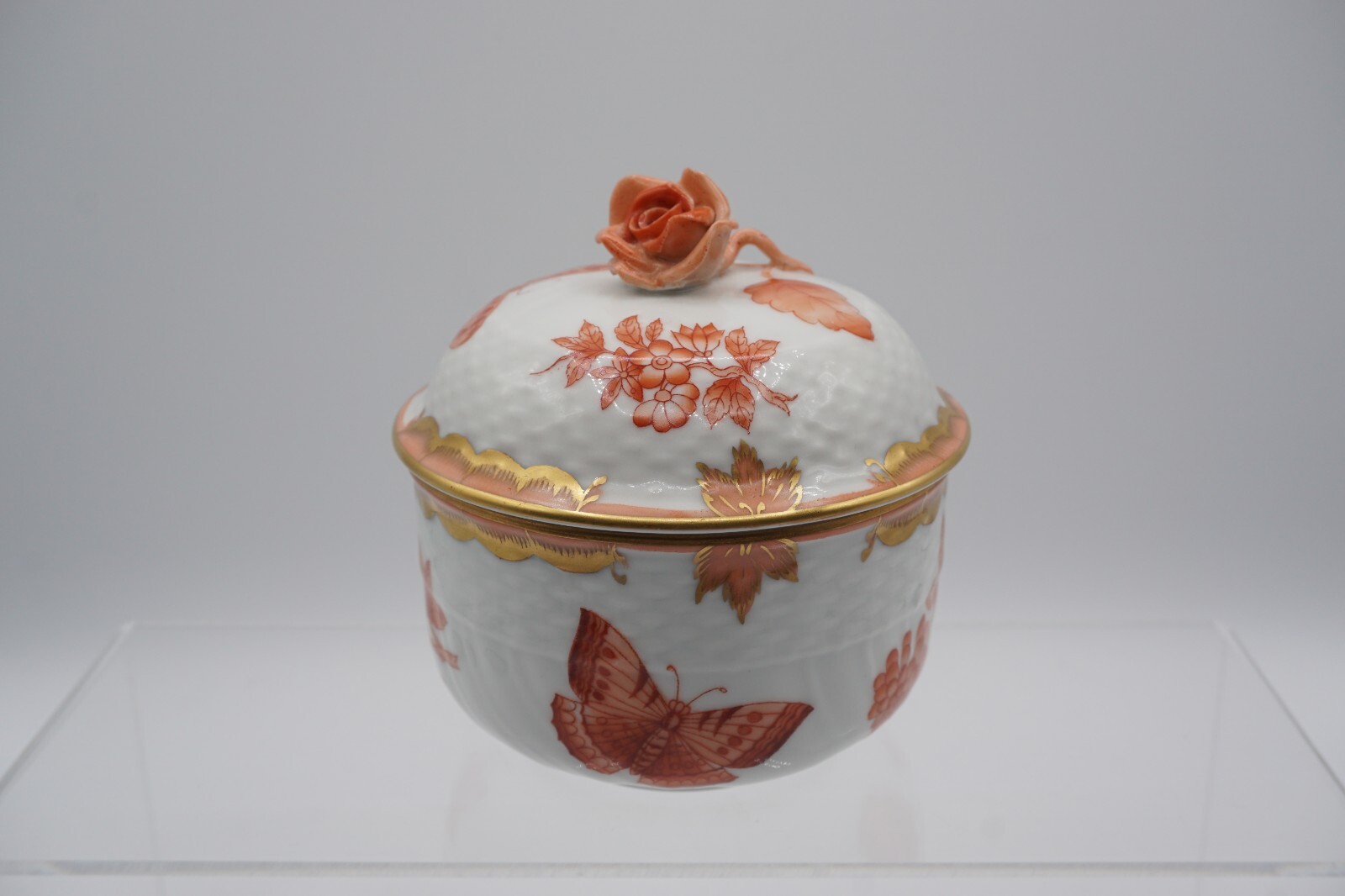 Herend Queen Victoria Fancy Box Sugar Basin with Rose Knob 1663 VBOH Orange Peach