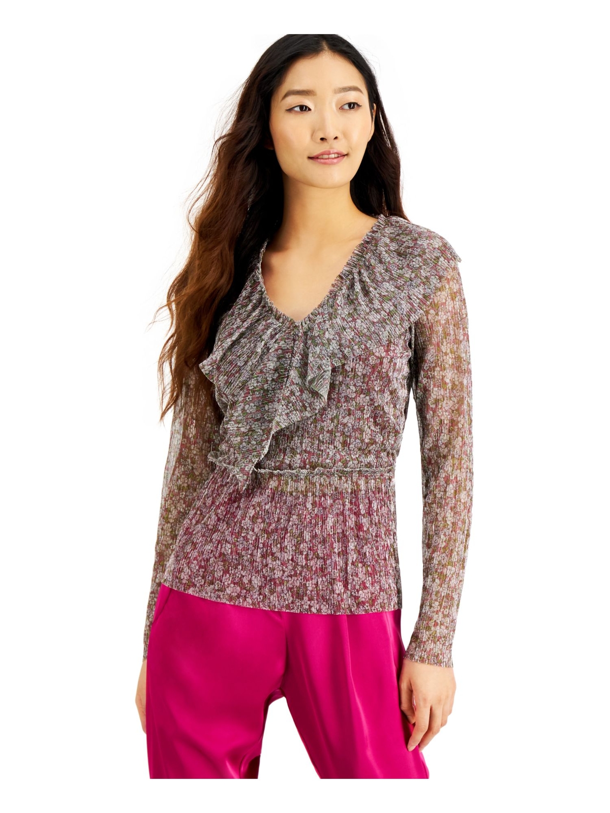 INC Womens Textured Ruffled Threaded Long Sleeve V Neck Wear To Work