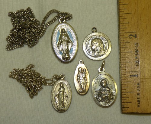 Vtg Lot 5 Religious Medals Virgin Mary Notre Dame Paris St. Christopher Agnes +