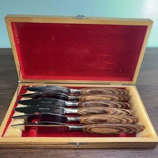 Vintage Wood Handle Stainless Steel Japan Steak Knives Set of 6 Felt Lined Box