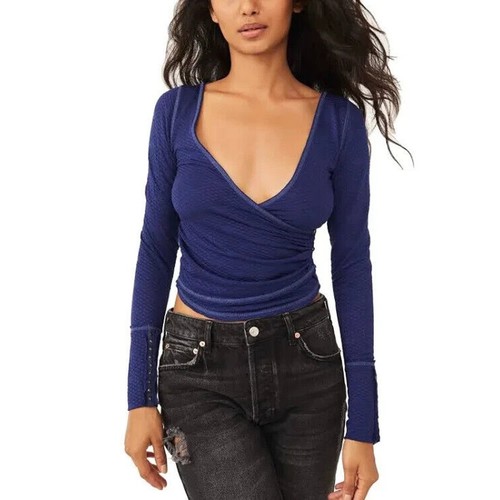 Free People Blouse Top Women's Medium Blue Penny Plunge Neck Stretch Ruched B55