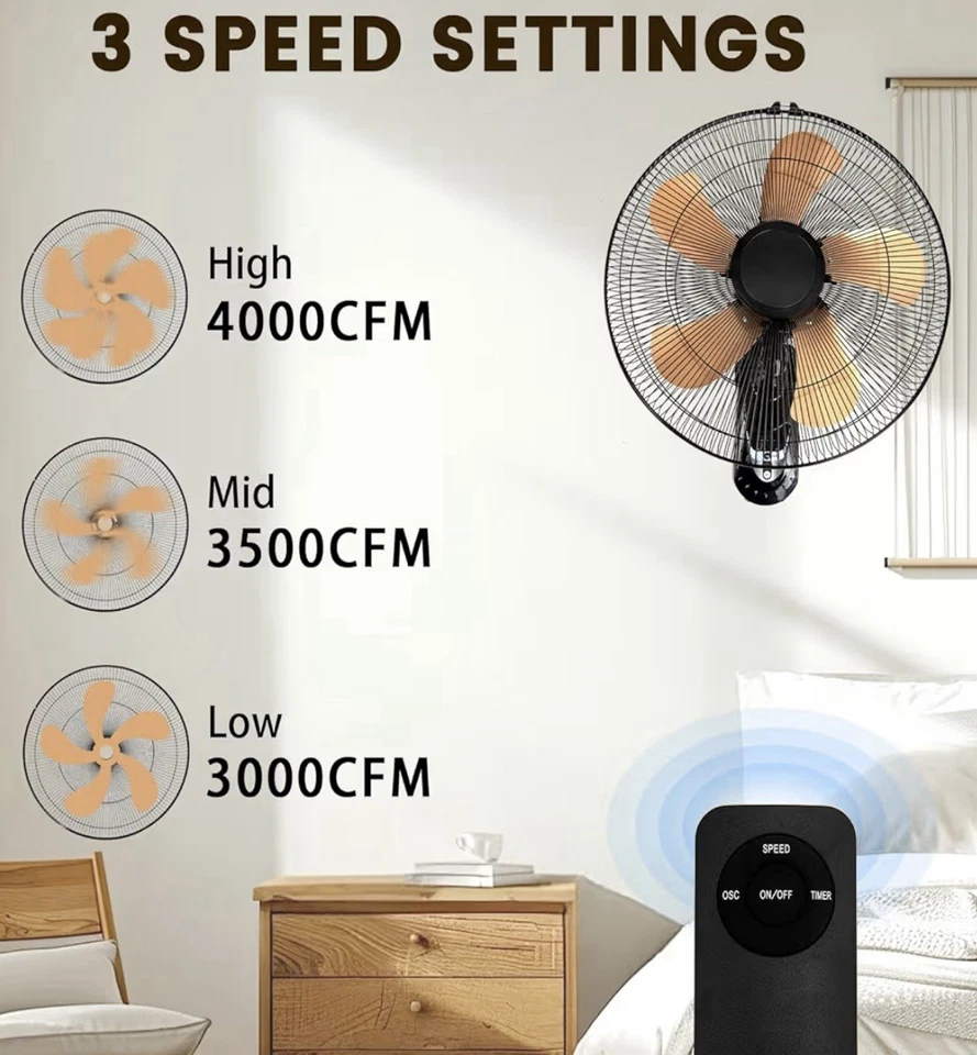 18” Wall Mount Oscillating Fan with Remote Control, 3 Speeds, Adjustable Tilt - Image 3 of 4