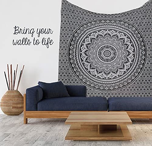 Grey Black Tapestry Wall Hanging 30x40 - Boho Bedroom Decor - Mandala Art