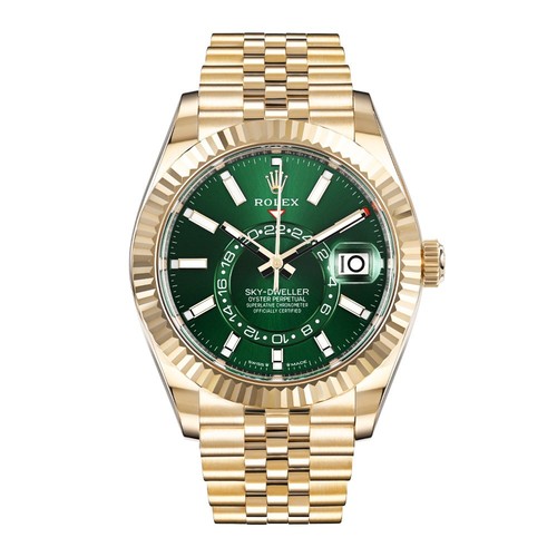 Rolex Sky-Dweller Watch 42MM Green Index Hour Markers Dial Yellow Gold