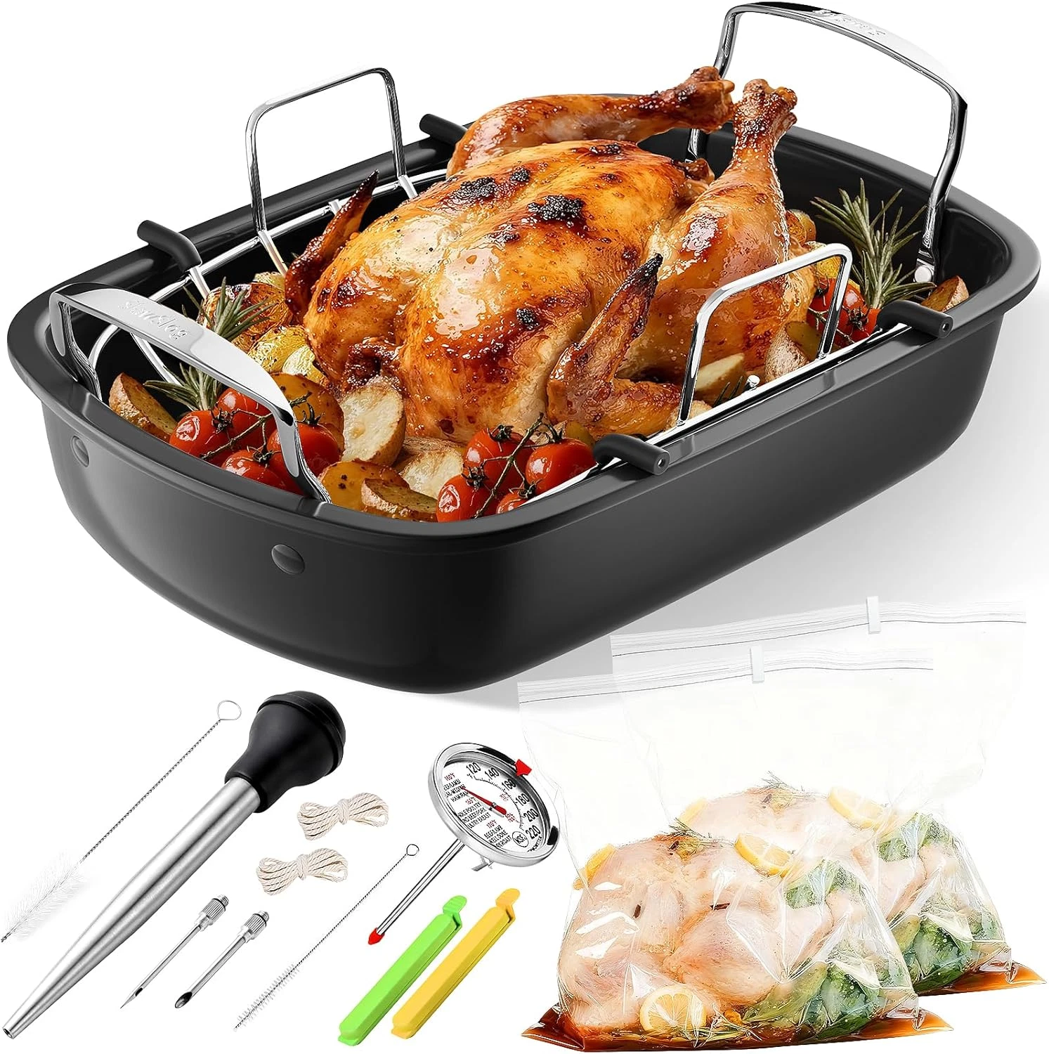 17x13" Nonstick Roasting Pan with Rack for Perfect Turkey, Meat & Veggies