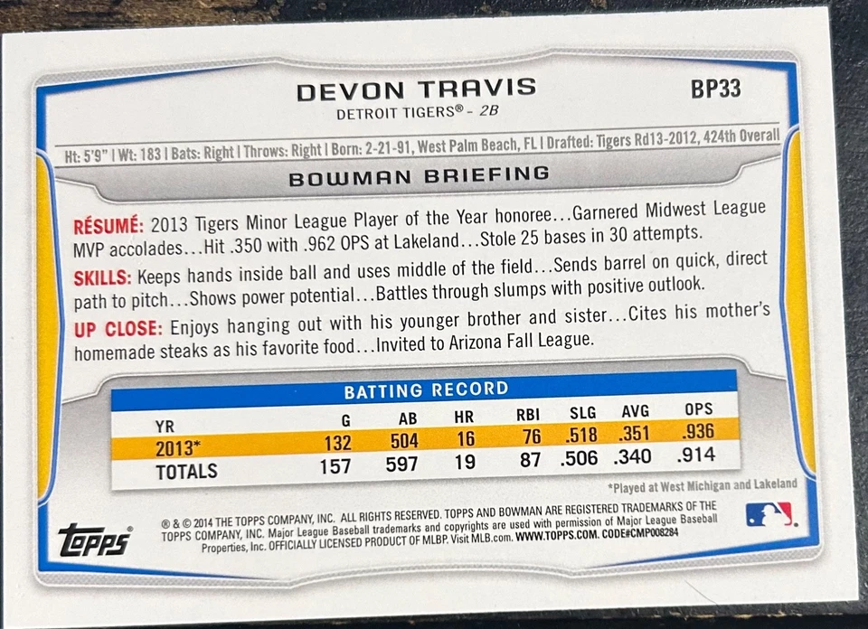 2014 Bowman DEVON TRAVIS RC #BP33 🔥 Blue Jays 🔥 GORGEOUS Autograph 🔥 Auto - Image 2 of 2