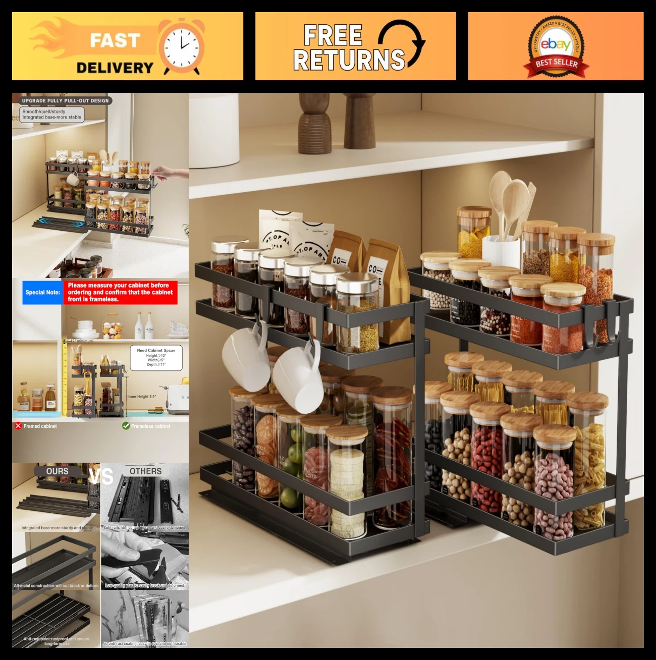 2 Pack Pull Out Spice Rack Organizer - Metal Slide Out Storage Shelf for Kitchen