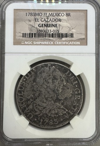 1783 MO FF Mexico 8 Reales 8R NGC Genuine El Cazador Shipwreck Coin With Display