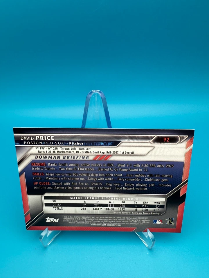 2016 Bowman - David Price #92 - Image 2 of 2