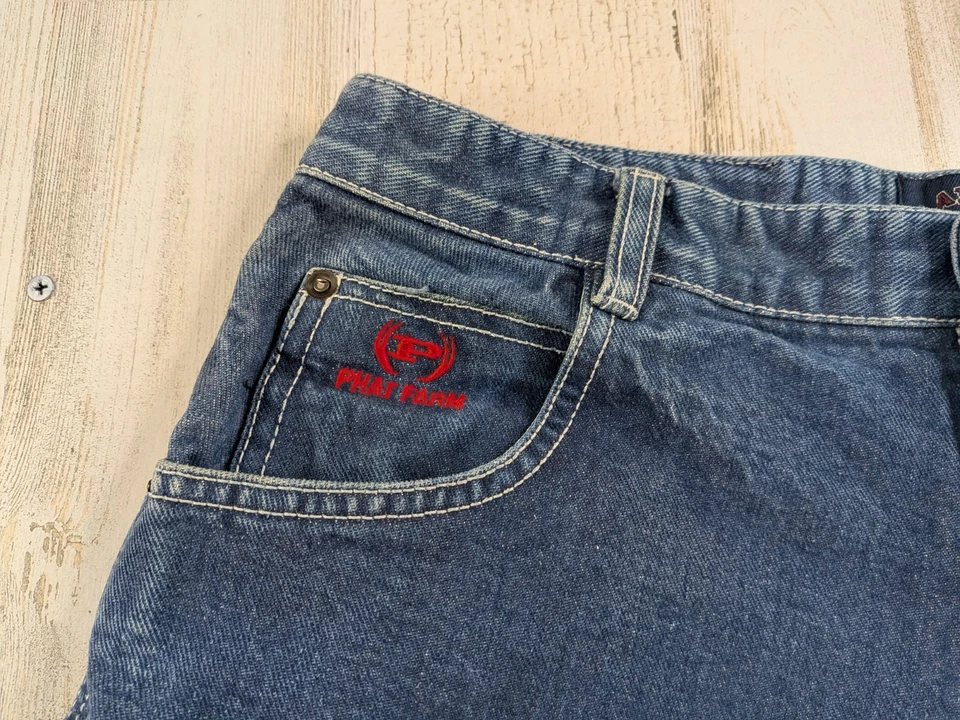 Pantalones Cortos De Colección Phat Farm Para Hombre Se Ajusta a 31 Pantalones Cortos de Jean Bordados Carpintero Carga* Foto 3 de 4