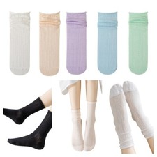 5 Pairs Women Mesh Rolled Edge Crew Socks Summer Thin Loose Comfy Short Socked