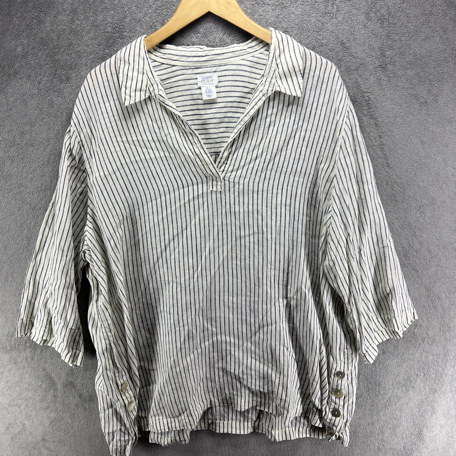 Sigrid Olsen 100% Linen Striped Long Tab Sleeve Button Up Shirt Size 2X Plus
